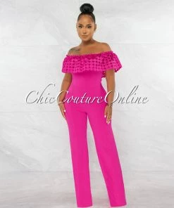 Chic Couture Online Amaretto Fuchsia Off-The Shoulder Crochet Top Jumpsuit JUST IN