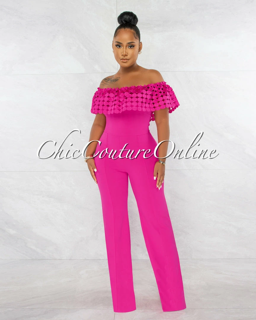 Chic Couture Online Amaretto Fuchsia Off-The Shoulder Crochet Top Jumpsuit JUST IN
