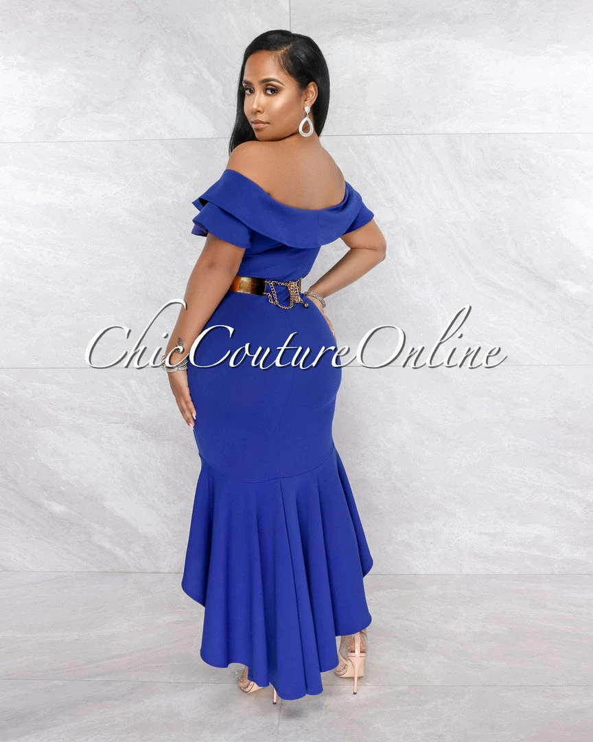 Vendor-unknown Macaria Royal Blue Ruffle Neckline Hi-Lo Dress JUST IN