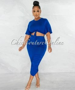 Chic Couture Online Marfo Royal Blue Knot Crop Top & Ruched Skirt Set