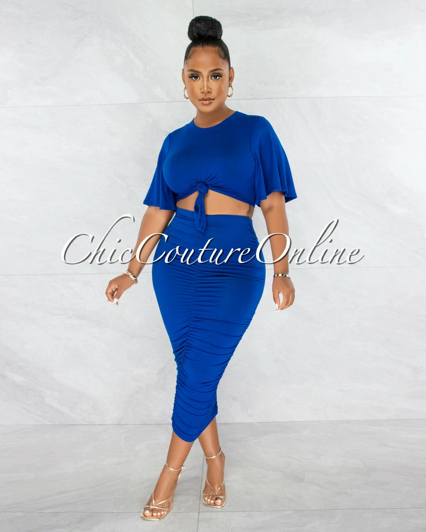 Chic Couture Online Marfo Royal Blue Knot Crop Top & Ruched Skirt Set