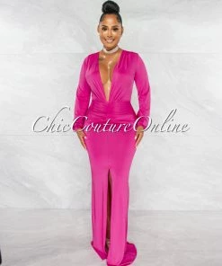 Chic Couture Online JUST IN Solada Magenta V-Neck Long Sleeves Front Draped Maxi Dress