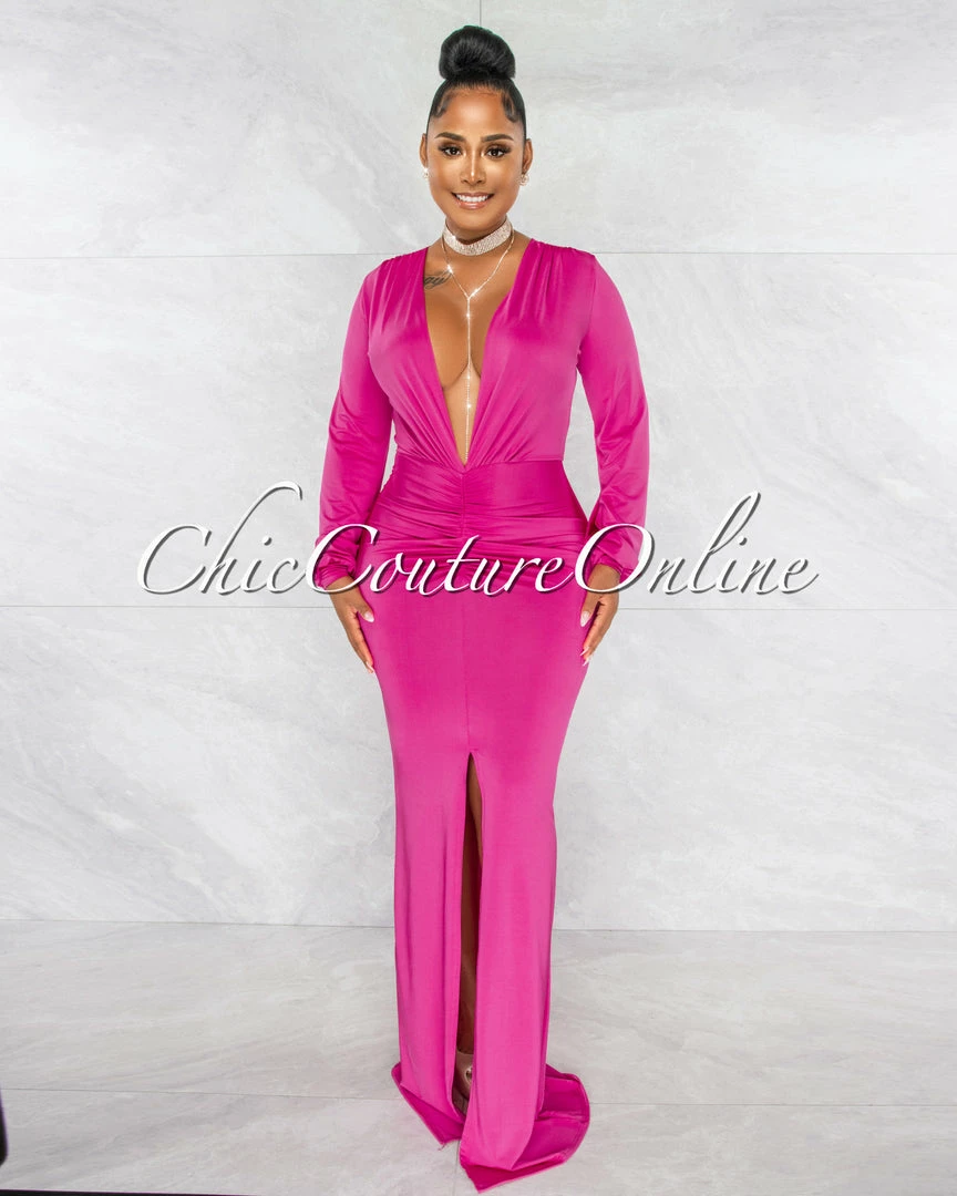 Chic Couture Online JUST IN Solada Magenta V-Neck Long Sleeves Front Draped Maxi Dress