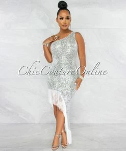 Vendor-unknown JUST IN Kairah Silver Sequins Side Slit Fringe Maxi Dress