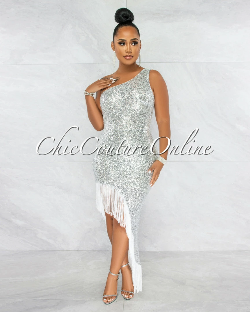Vendor-unknown JUST IN Kairah Silver Sequins Side Slit Fringe Maxi Dress