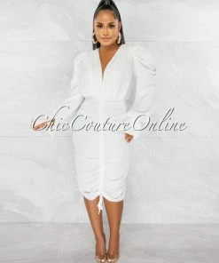 Chic Couture Online JUST IN Crisanta Off-White V Pleated Neckline Ruched Midi Dress