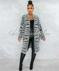 Vendor-unknown CLOTHING Sendera Black White Zebra Print Faux Fur Cardigan
