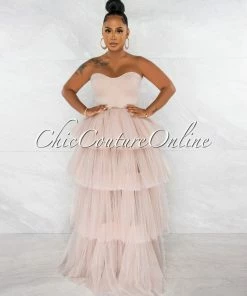 Chic Couture Online Dempsey Nude Padded Cups Tulle Tiered Bodysuit Maxi Dress JUST IN