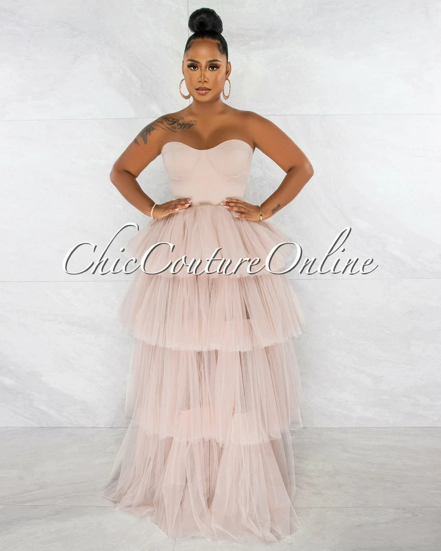 Chic Couture Online Dempsey Nude Padded Cups Tulle Tiered Bodysuit Maxi Dress JUST IN
