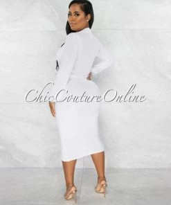 Chic Couture Online JUST IN Dager White Deep-V Draped Front Slit Midi Dress