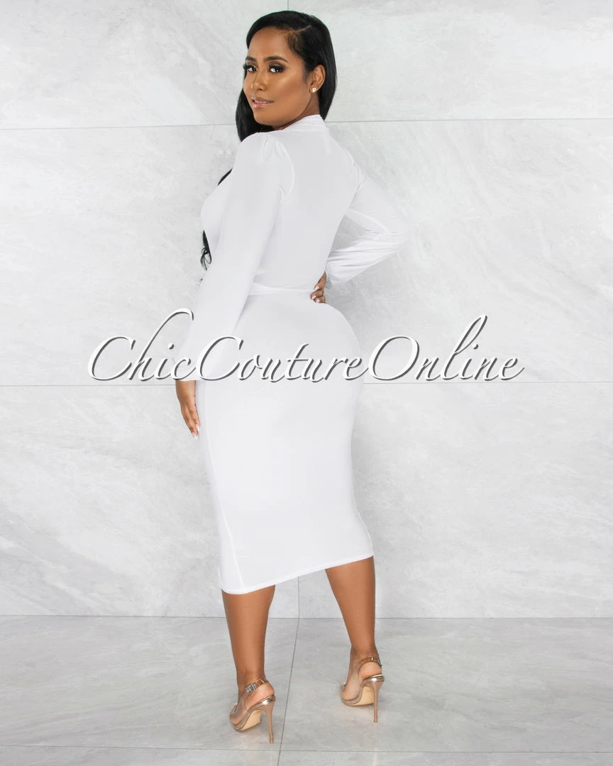 Chic Couture Online JUST IN Dager White Deep-V Draped Front Slit Midi Dress