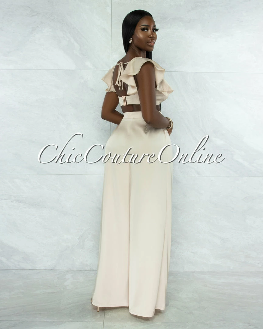 Vendor-unknown JUST IN Labiana Ivory Gold Accent Top & Wide Legs Pants Silky Set