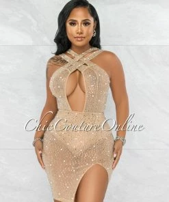 Vendor-unknown Hamidi Nude Rhinestones & Pearls Mesh Criss-Cross Dress