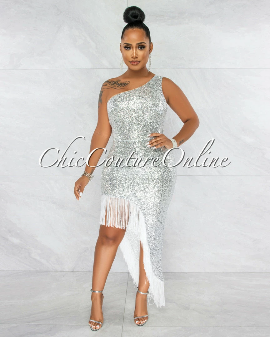 Vendor-unknown JUST IN Kairah Silver Sequins Side Slit Fringe Maxi Dress