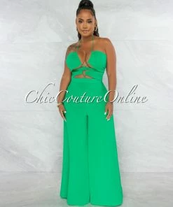 Chic Couture Online Boniface Green Front Cut-Out Lace-Up Jumpsuit JUST IN