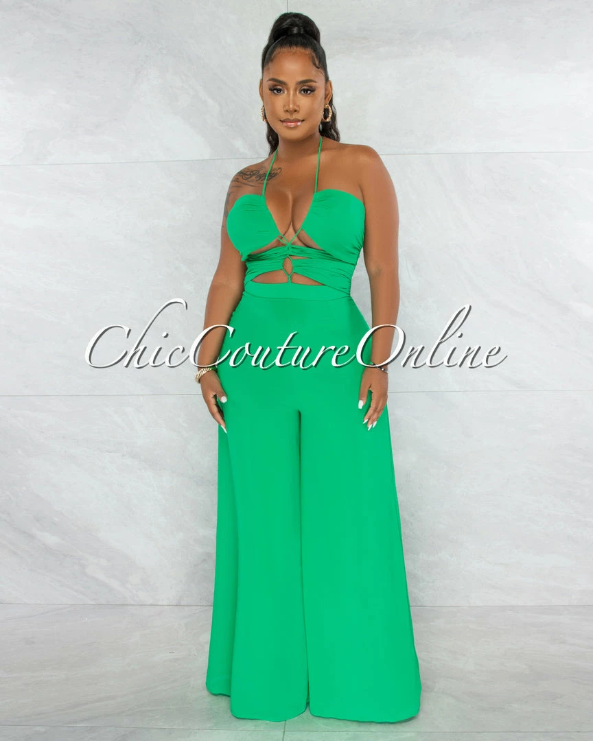 Chic Couture Online Boniface Green Front Cut-Out Lace-Up Jumpsuit JUST IN