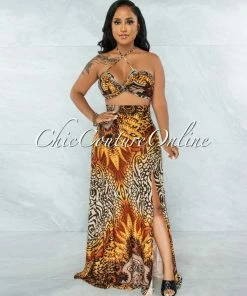 Vendor-unknown Garrick Brown Multi-Color Print Front Tie Top & Maxi Skirt Set JUST IN