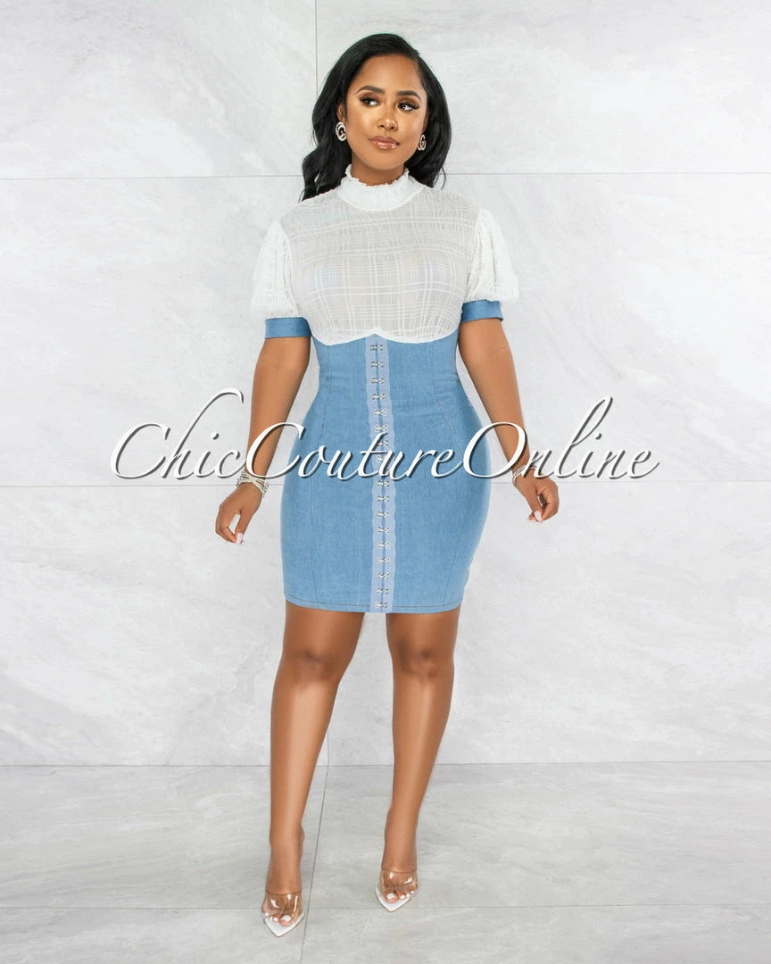 Vendor-unknown Tordis White Shirt Blue Denim Overall Illusion Dress