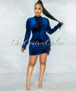 Vendor-unknown Akel Navy Blue Velvet Leopard Mesh Feather Detail Dress