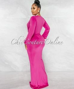 Chic Couture Online JUST IN Solada Magenta V-Neck Long Sleeves Front Draped Maxi Dress