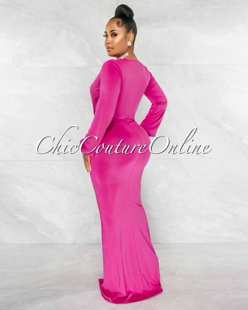 Chic Couture Online JUST IN Solada Magenta V-Neck Long Sleeves Front Draped Maxi Dress