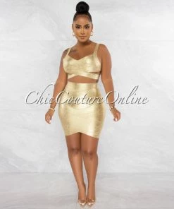 Chic Couture Online JUST IN Chica Nude Gold Foil Bandage Two Piece Set