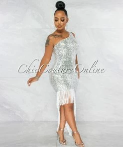Vendor-unknown JUST IN Kairah Silver Sequins Side Slit Fringe Maxi Dress