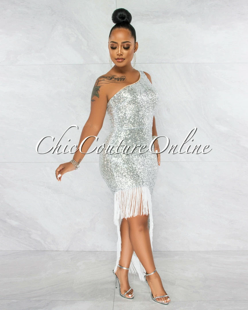 Vendor-unknown JUST IN Kairah Silver Sequins Side Slit Fringe Maxi Dress