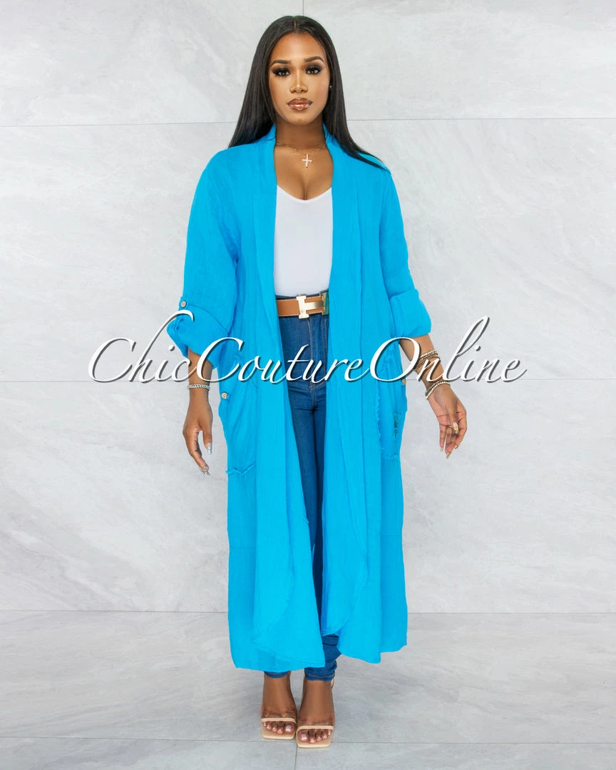 Vendor-unknown Mendoza Turquoise LINEN Side Pockets Duster