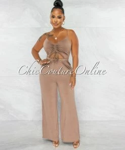 Chic Couture Online Skye Mocha Ruched Front Cut-Out Jumpsuit JUST IN