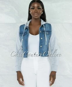Vendor-unknown Shanee Light Denim Grey Sweater Illusion Hooded Jacket CLOTHING