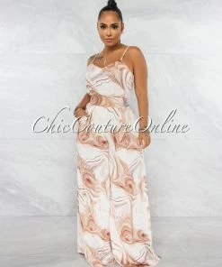 Vendor-unknown Lizandra Nude Brown Crop Top & Wide Pants Set JUST IN