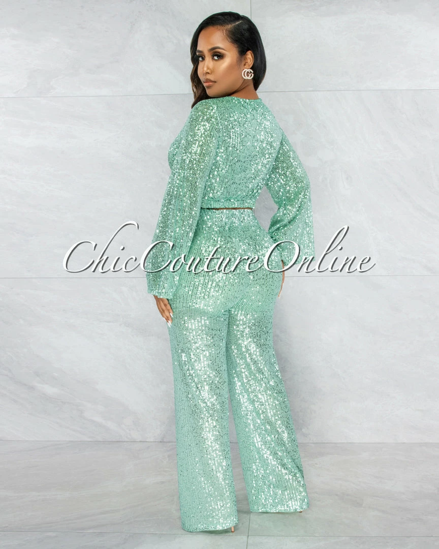 Vendor-unknown JUST IN Cuenta Mint Green Sequins Wide Legs Pants