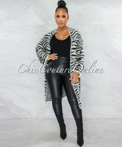 Vendor-unknown CLOTHING Sendera Black White Zebra Print Faux Fur Cardigan