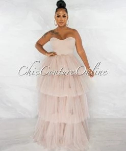 Chic Couture Online Dempsey Nude Padded Cups Tulle Tiered Bodysuit Maxi Dress JUST IN