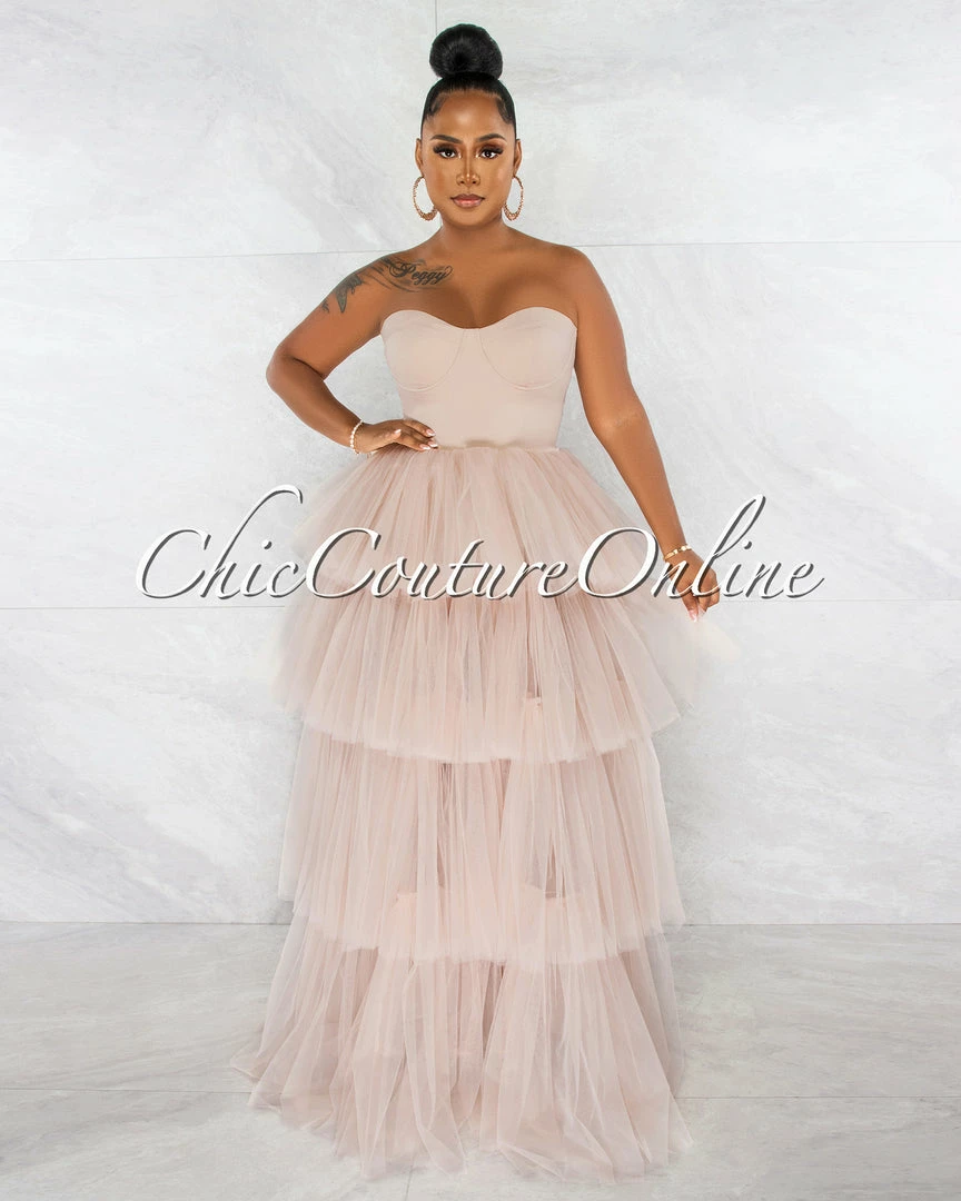 Chic Couture Online Dempsey Nude Padded Cups Tulle Tiered Bodysuit Maxi Dress JUST IN