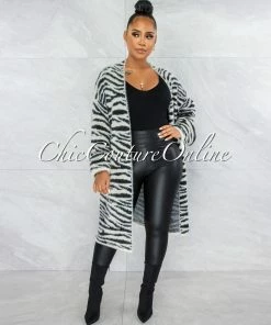 Vendor-unknown CLOTHING Sendera Black White Zebra Print Faux Fur Cardigan