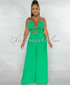 Chic Couture Online Boniface Green Front Cut-Out Lace-Up Jumpsuit JUST IN