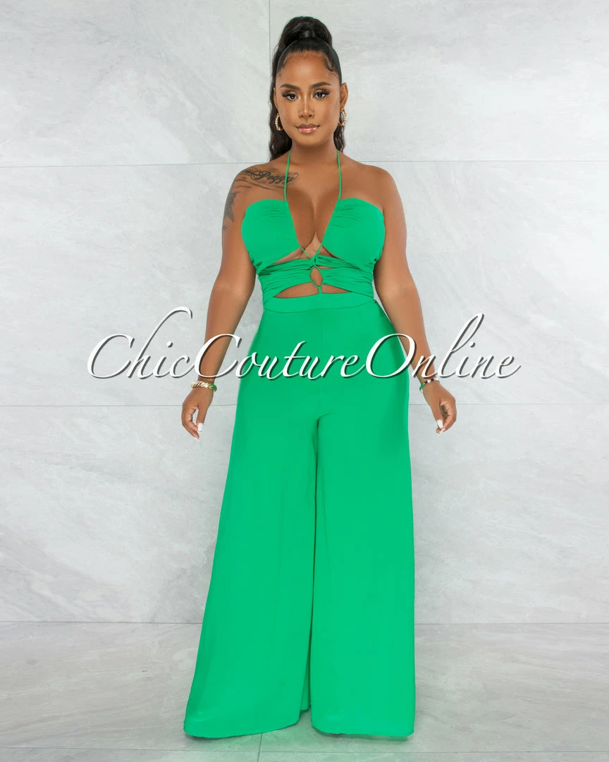 Chic Couture Online Boniface Green Front Cut-Out Lace-Up Jumpsuit JUST IN