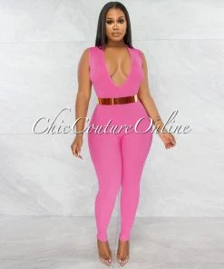 Vendor-unknown Joyner Bubblegum Pink Deep V-Neck Ribbed Jumpsuit