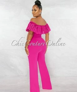 Chic Couture Online Amaretto Fuchsia Off-The Shoulder Crochet Top Jumpsuit JUST IN