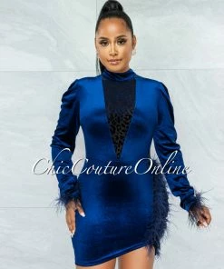 Vendor-unknown Akel Navy Blue Velvet Leopard Mesh Feather Detail Dress