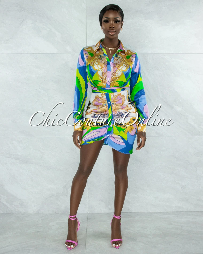 Vendor-unknown Obas Green Blue Print Drape Satin Shirt Dress JUST IN