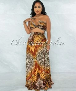 Vendor-unknown Garrick Brown Multi-Color Print Front Tie Top & Maxi Skirt Set JUST IN