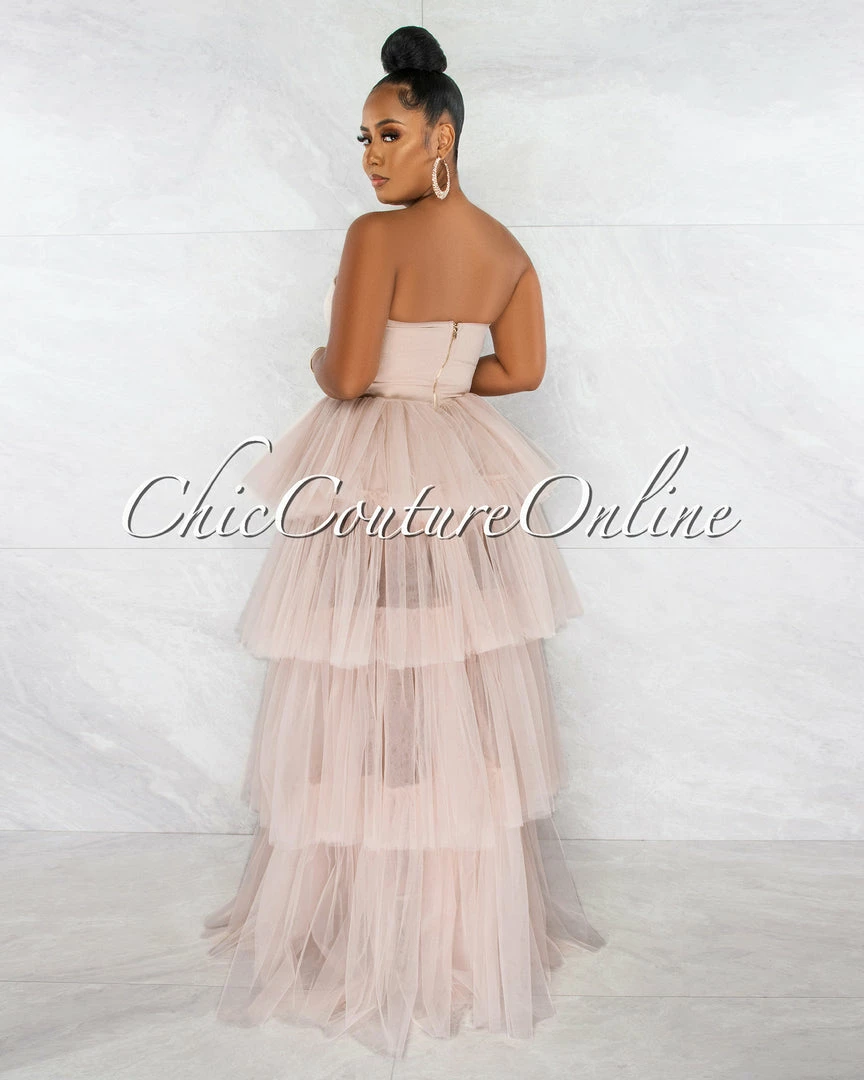 Chic Couture Online Dempsey Nude Padded Cups Tulle Tiered Bodysuit Maxi Dress JUST IN