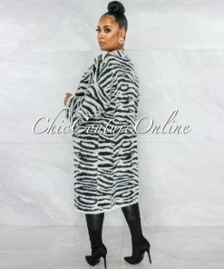 Vendor-unknown CLOTHING Sendera Black White Zebra Print Faux Fur Cardigan