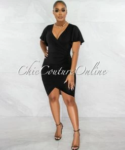 Chic Couture Online JUST IN Dalie Black Wrap Ruched Side Midi Dress