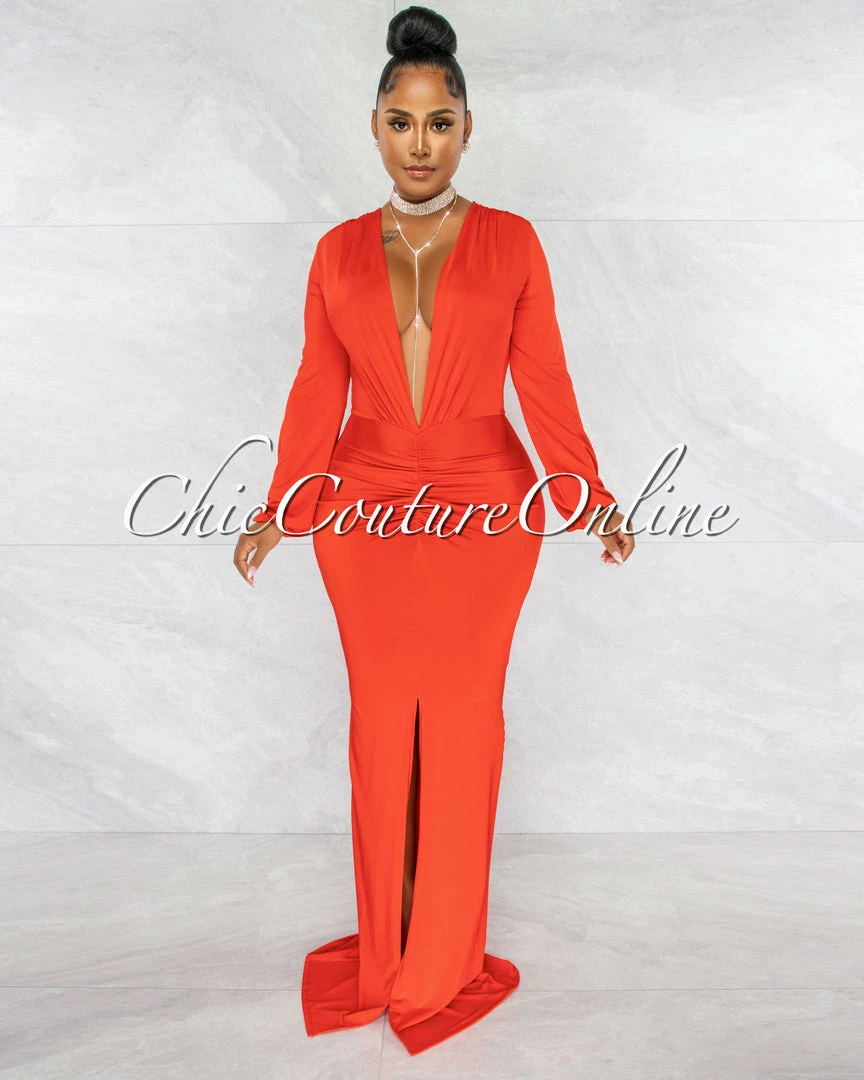 Chic Couture Online Solada Orange Tomato V-Neck Front Draped Maxi Dress