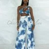 Vendor-unknown Hiliana Navy Blue Tie-Dye Torn Top & Wide Legs Pants Set