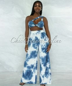 Vendor-unknown Hiliana Navy Blue Tie-Dye Torn Top & Wide Legs Pants Set